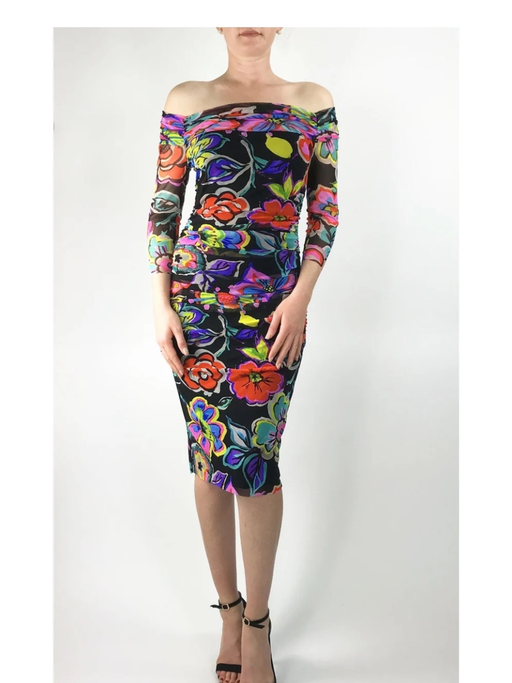 Off-Shoulder Black Floral Bodycon Dress